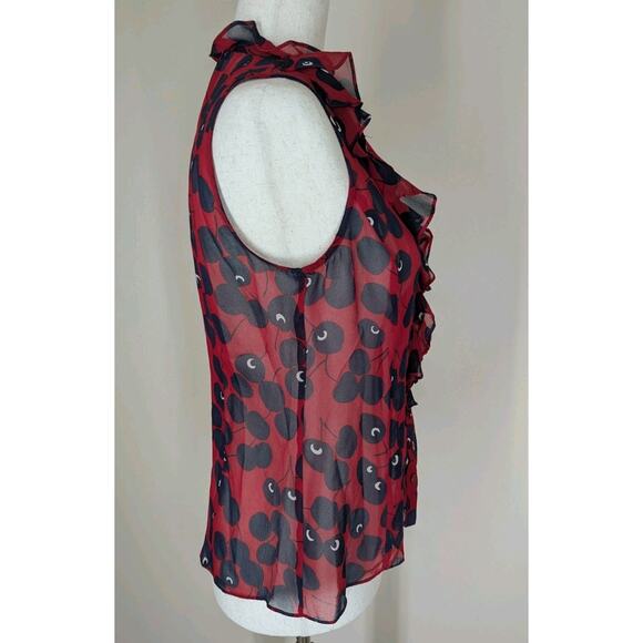 Nanette Lepore Sleeveless 100% Silk Blouse Sheer Cherry Print Ruffle Size 4 USA - Picture 6 of 10